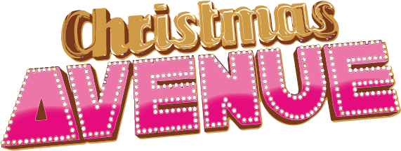 Schriftzug Christmas Avenue in glänzenden Buchstaben, die an ein Theater oder eine Show erinnern, mit pinkfarbenem Avenue und goldenem Christmas.