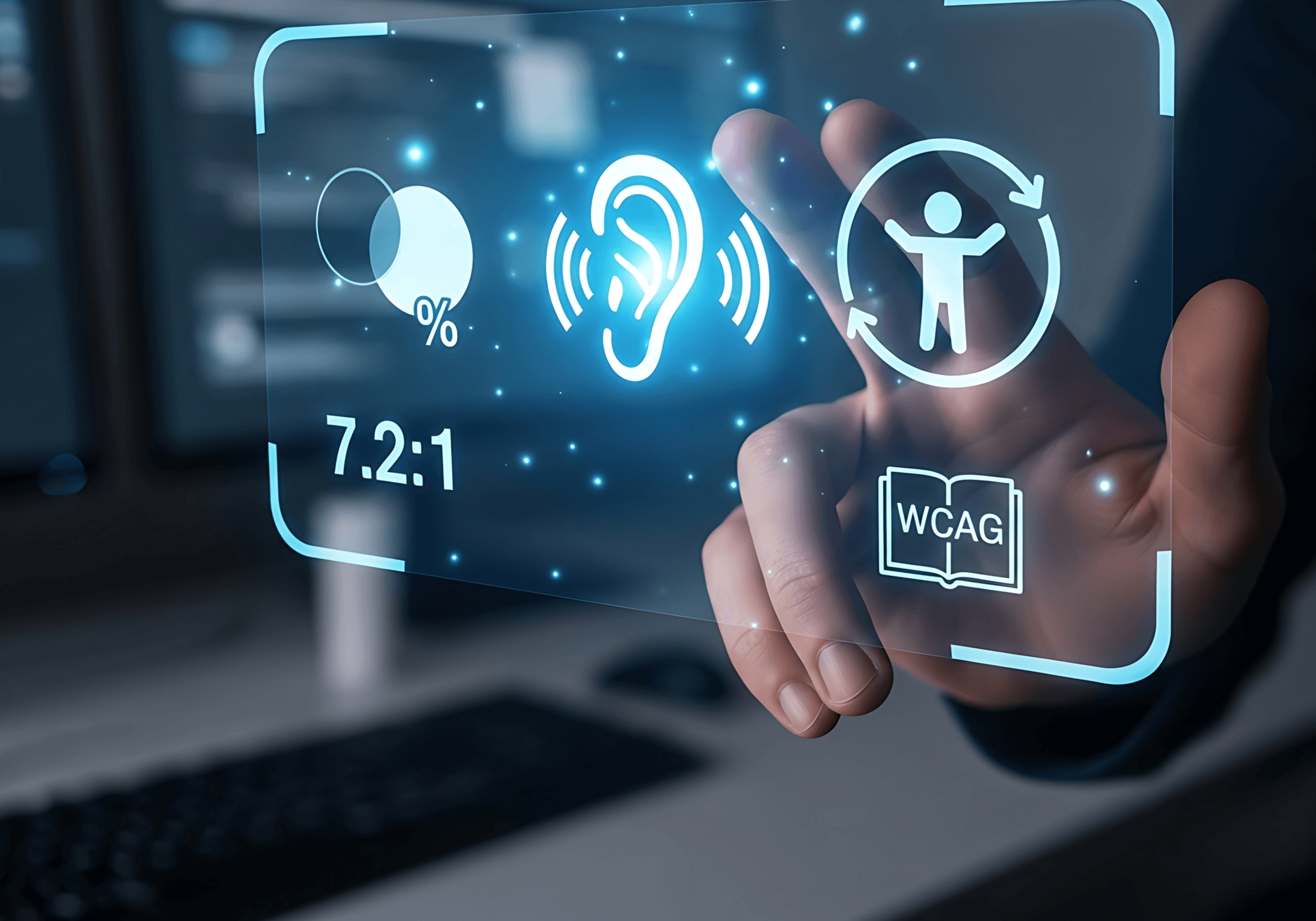 Hand berührt ein digitales Interface mit Barrierefreiheits-Symbolen